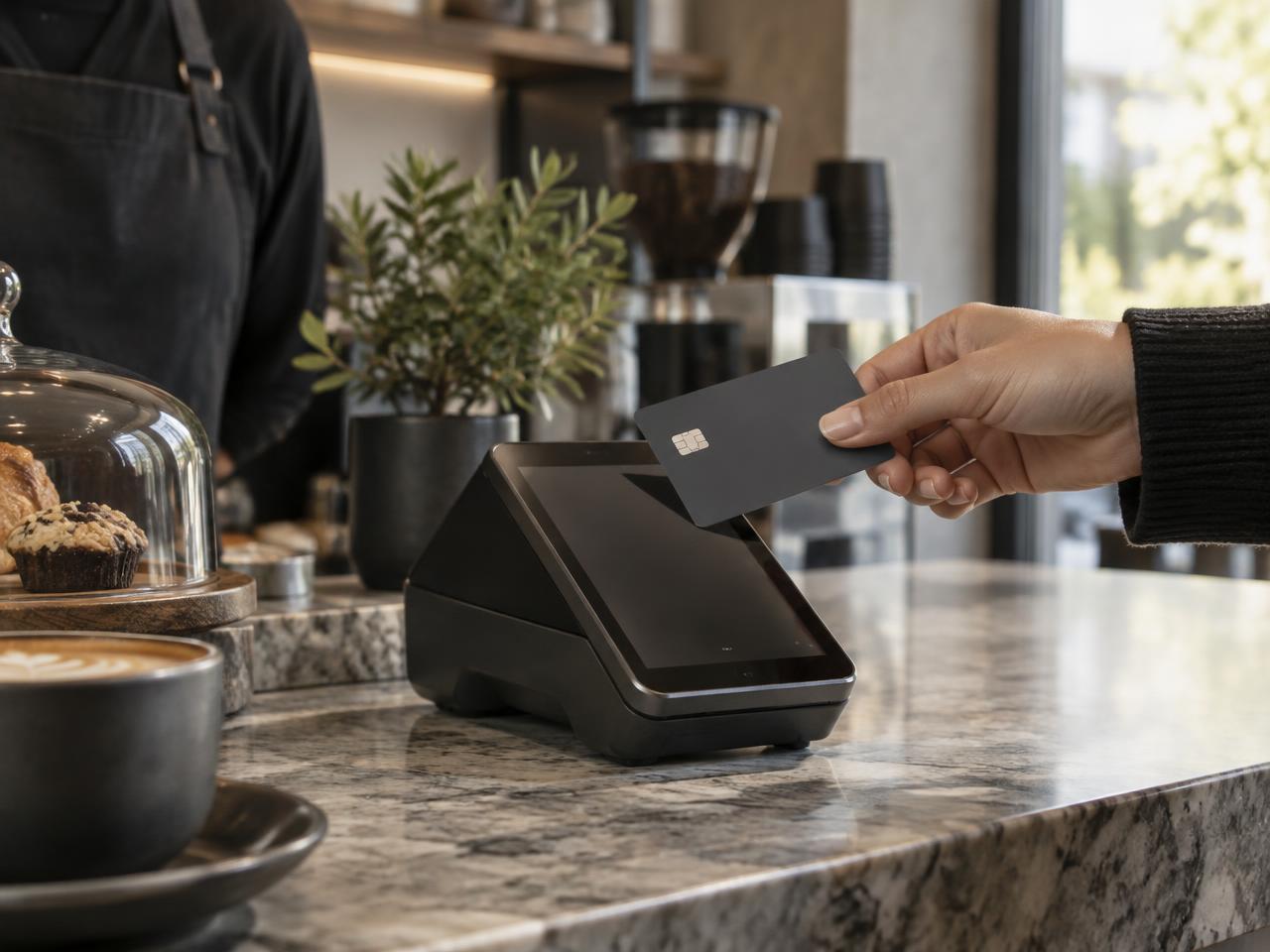 A customer paying at a cafe’s modern payment terminal
